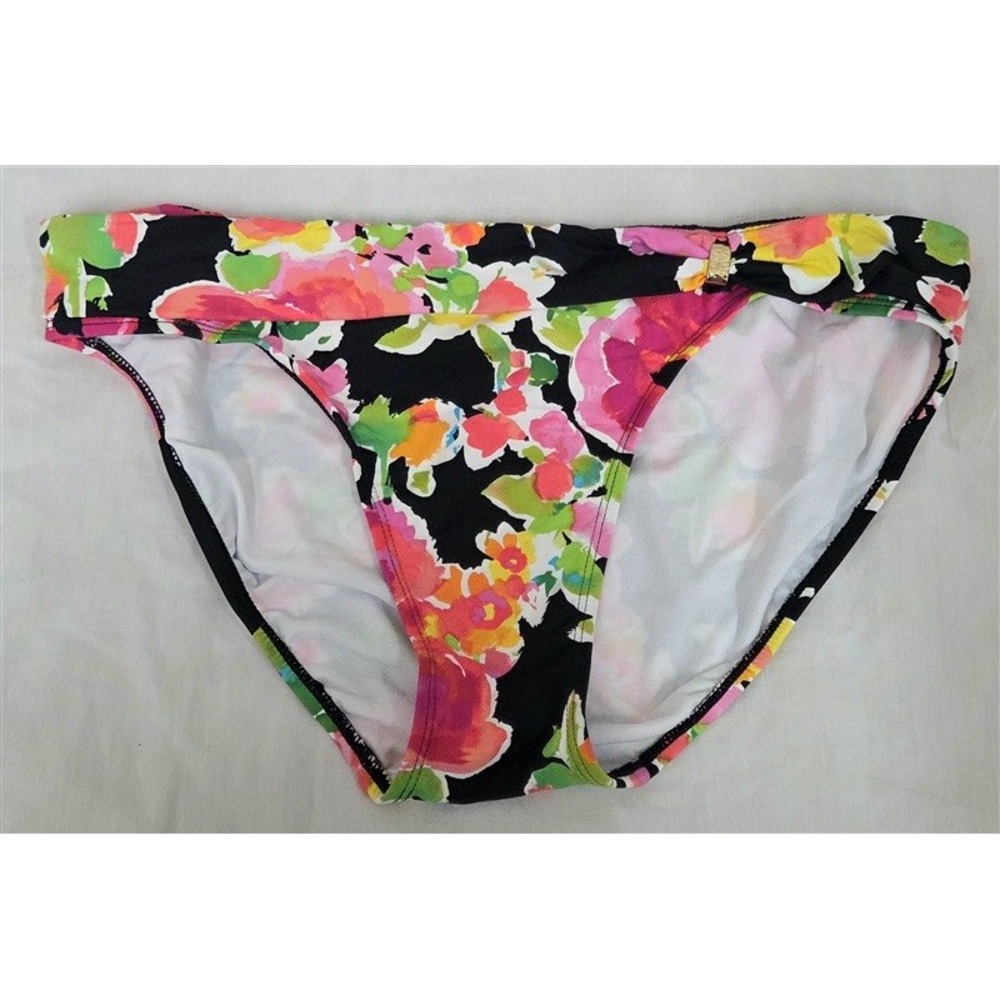 NWT Ralph Lauren 10 Watercolor Floral Bikini Swim Bottom Black pink 132118
